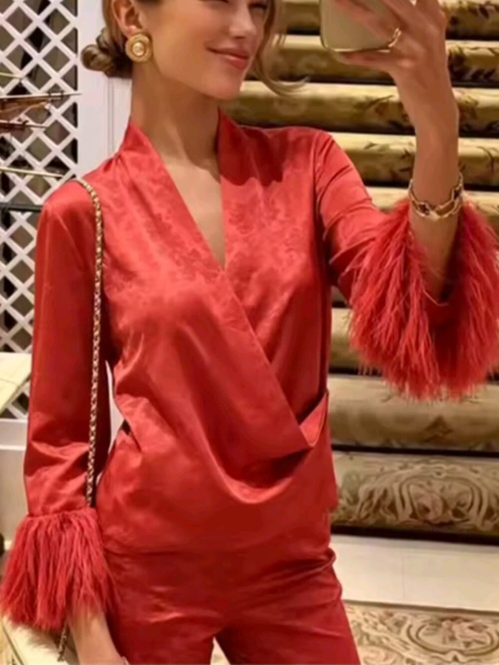 Red Jacquard Long-Sleeve Coat with Fringe Decoration, Romantic Style Elegant